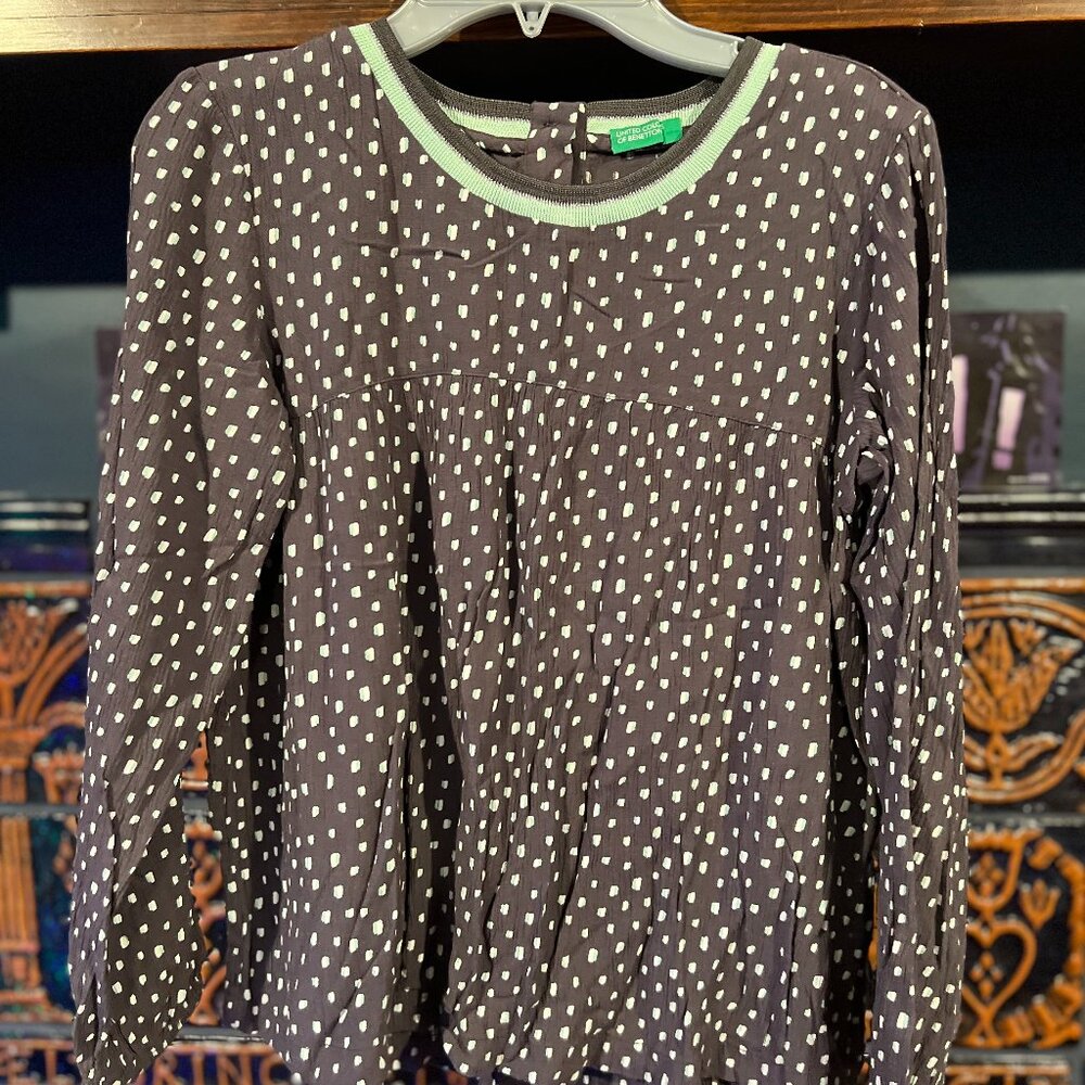 🤩 Benetton Pattern Blouse | Gray Teal Silver pattern | Youth Size XL 14/16